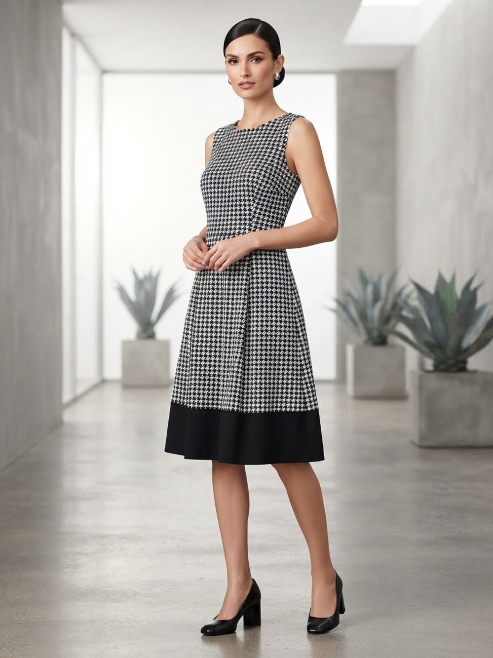 Black & White Houndstooth Sleeveless Fit-and-Flare Dress